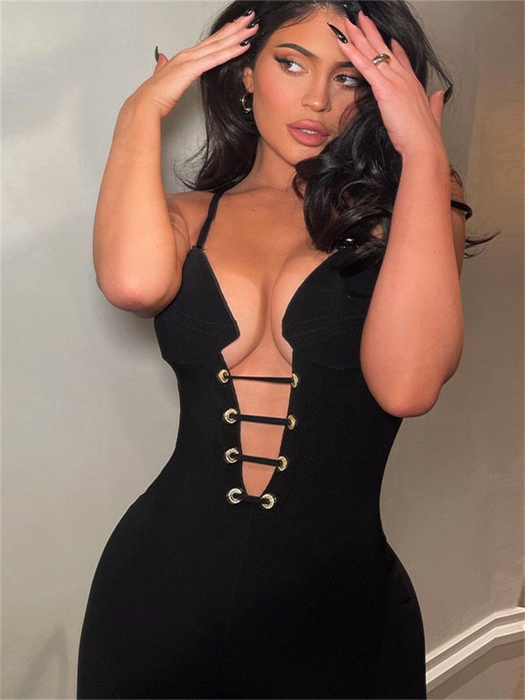 Monos Cuello de Pico Profundo sin Mangas Elástica