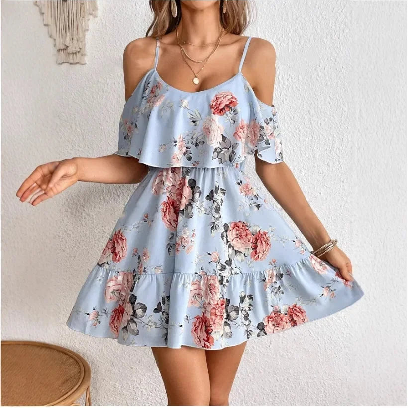 Minivestido con Estampado y Hombros Descubiertos