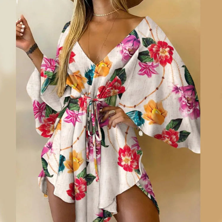 Vestido con Estampado de Flores Cuello en V y Manga de Murciélago