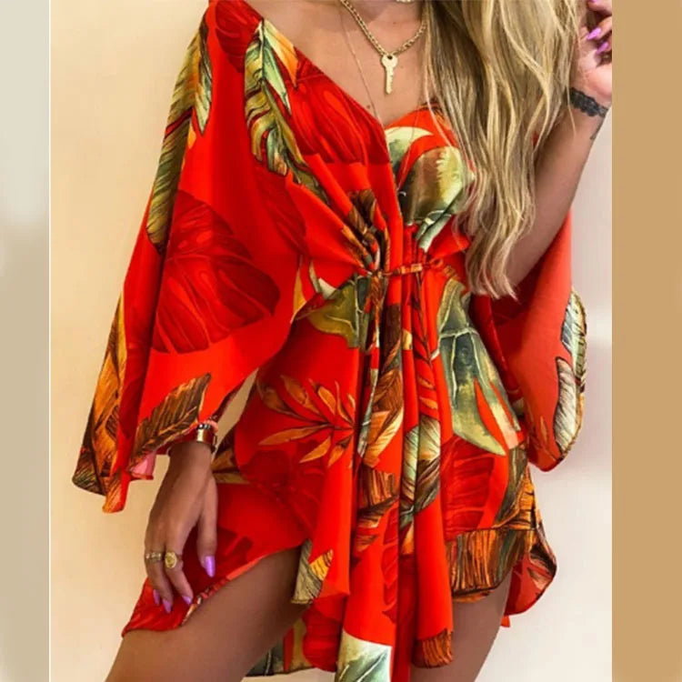 Vestido con Estampado de Flores Cuello en V y Manga de Murciélago