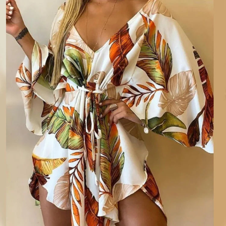 Vestido con Estampado de Flores Cuello en V y Manga de Murciélago