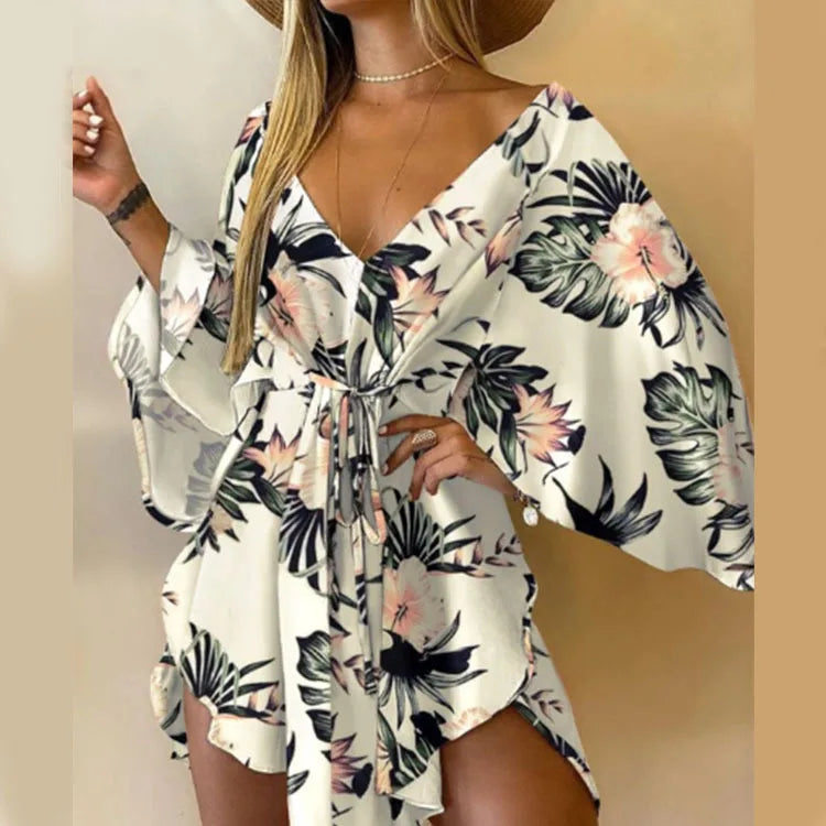 Vestido con Estampado de Flores Cuello en V y Manga de Murciélago