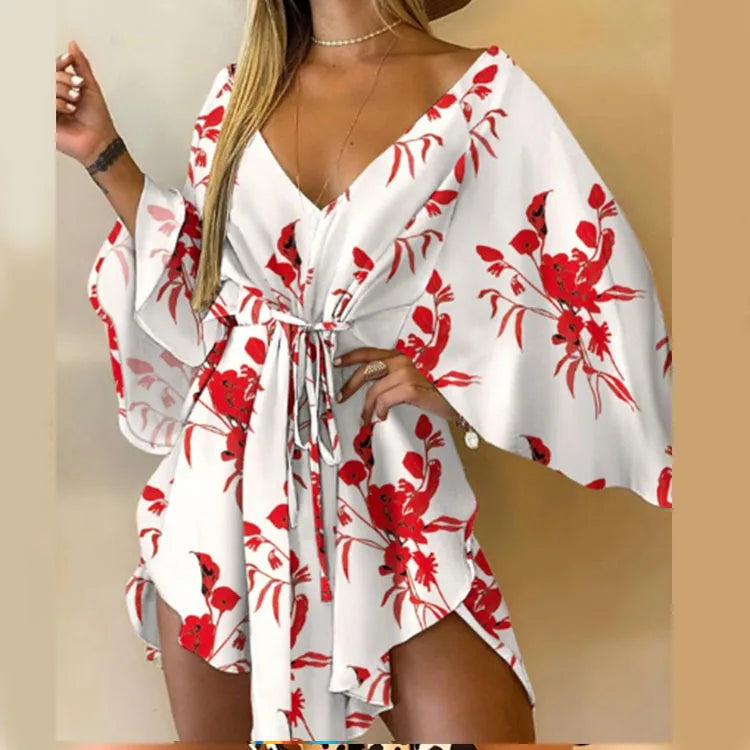 Vestido con Estampado de Flores Cuello en V y Manga de Murciélago