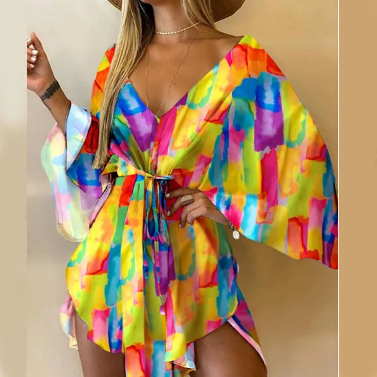 Vestido con Estampado de Flores Cuello en V y Manga de Murciélago