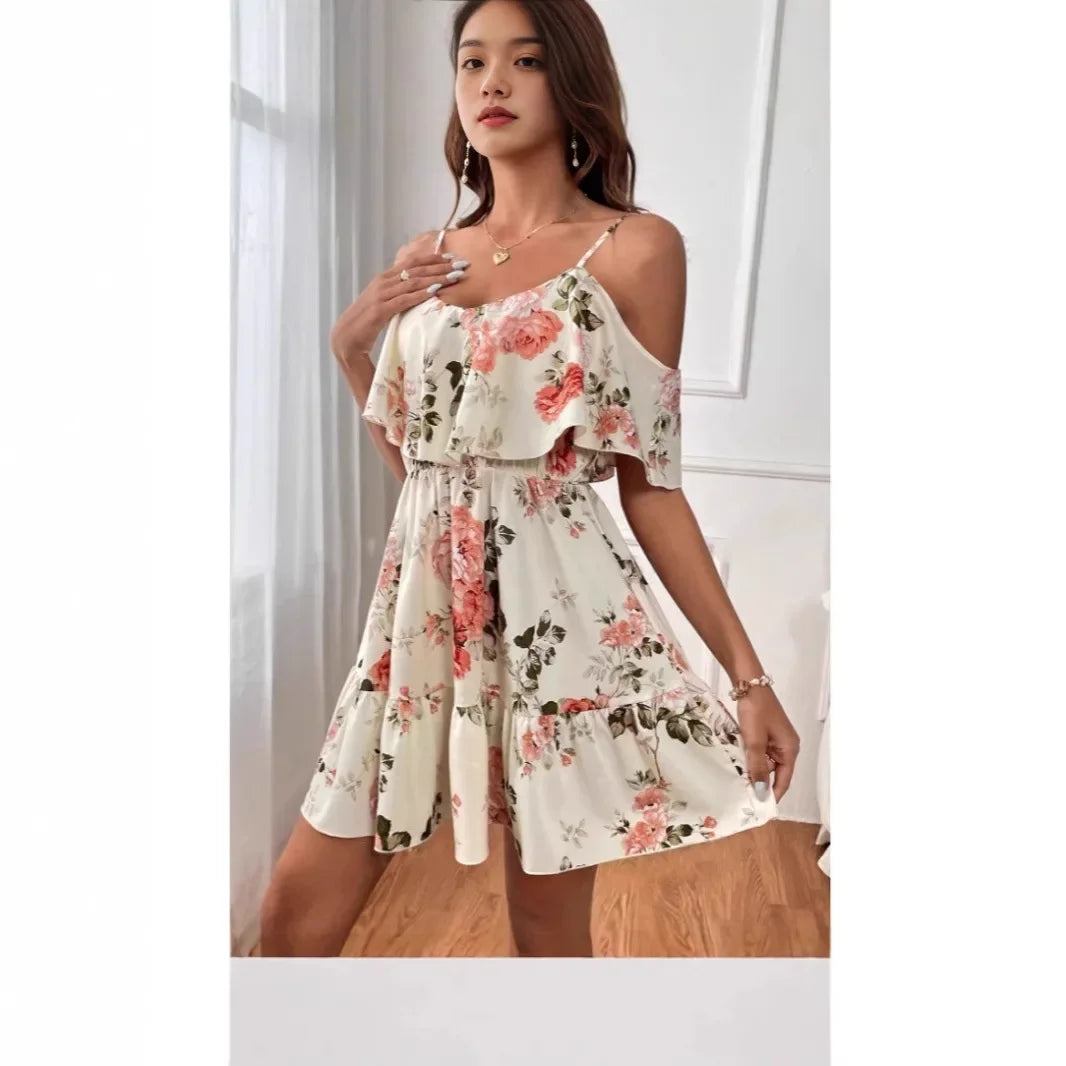 Minivestido con Estampado y Hombros Descubiertos