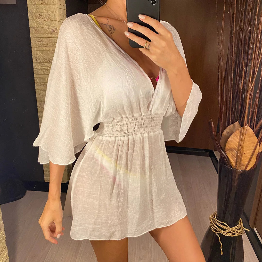 Vestido Playero Manga Larga con Cuello en V y Espalda Descubierta