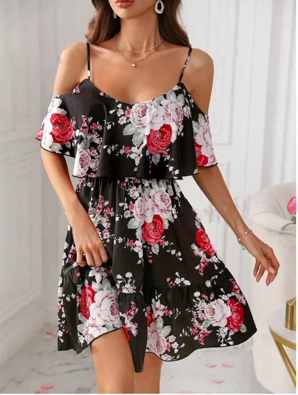 Minivestido con Estampado y Hombros Descubiertos