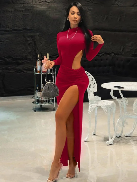 Vestido Largo Liso con cintura alta Pliegues y Abertura