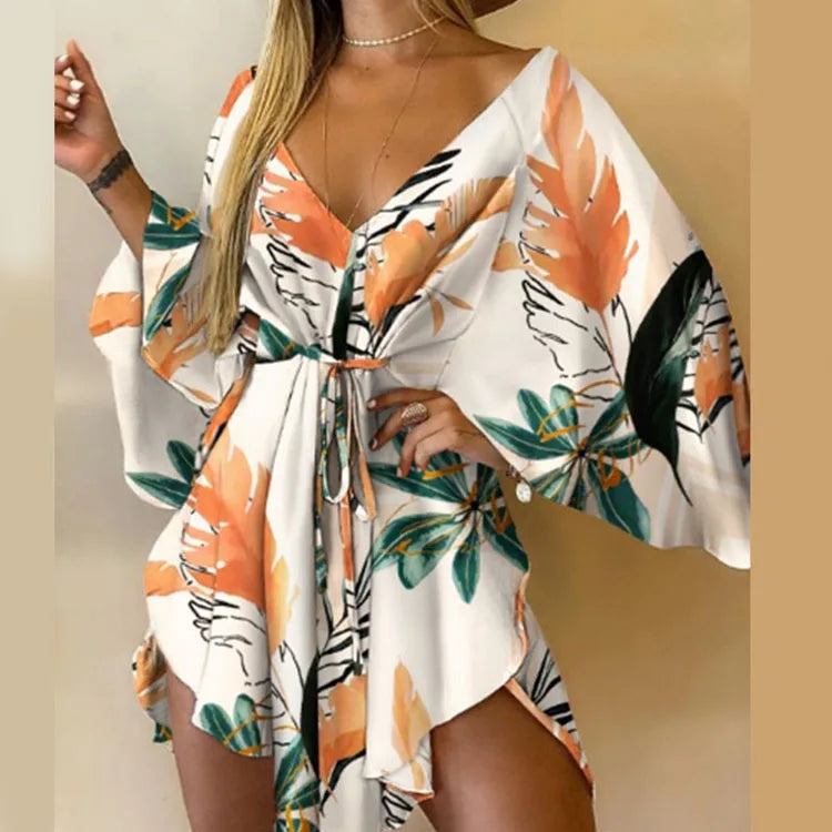 Vestido con Estampado de Flores Cuello en V y Manga de Murciélago