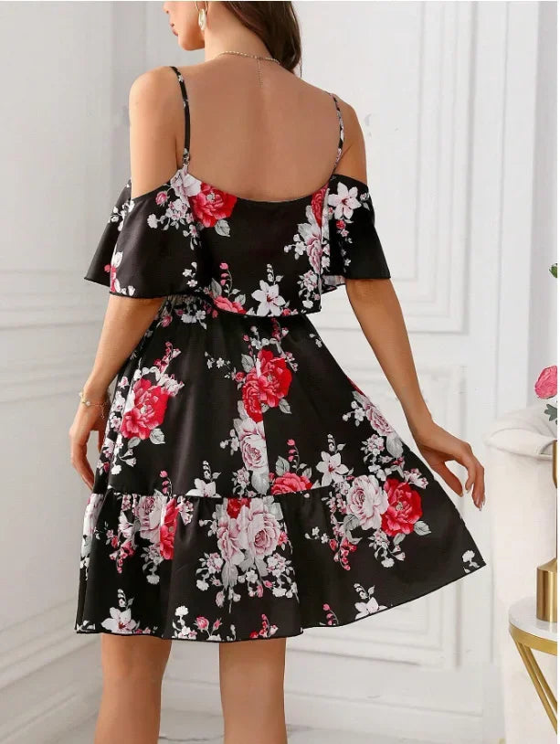 Minivestido con Estampado y Hombros Descubiertos