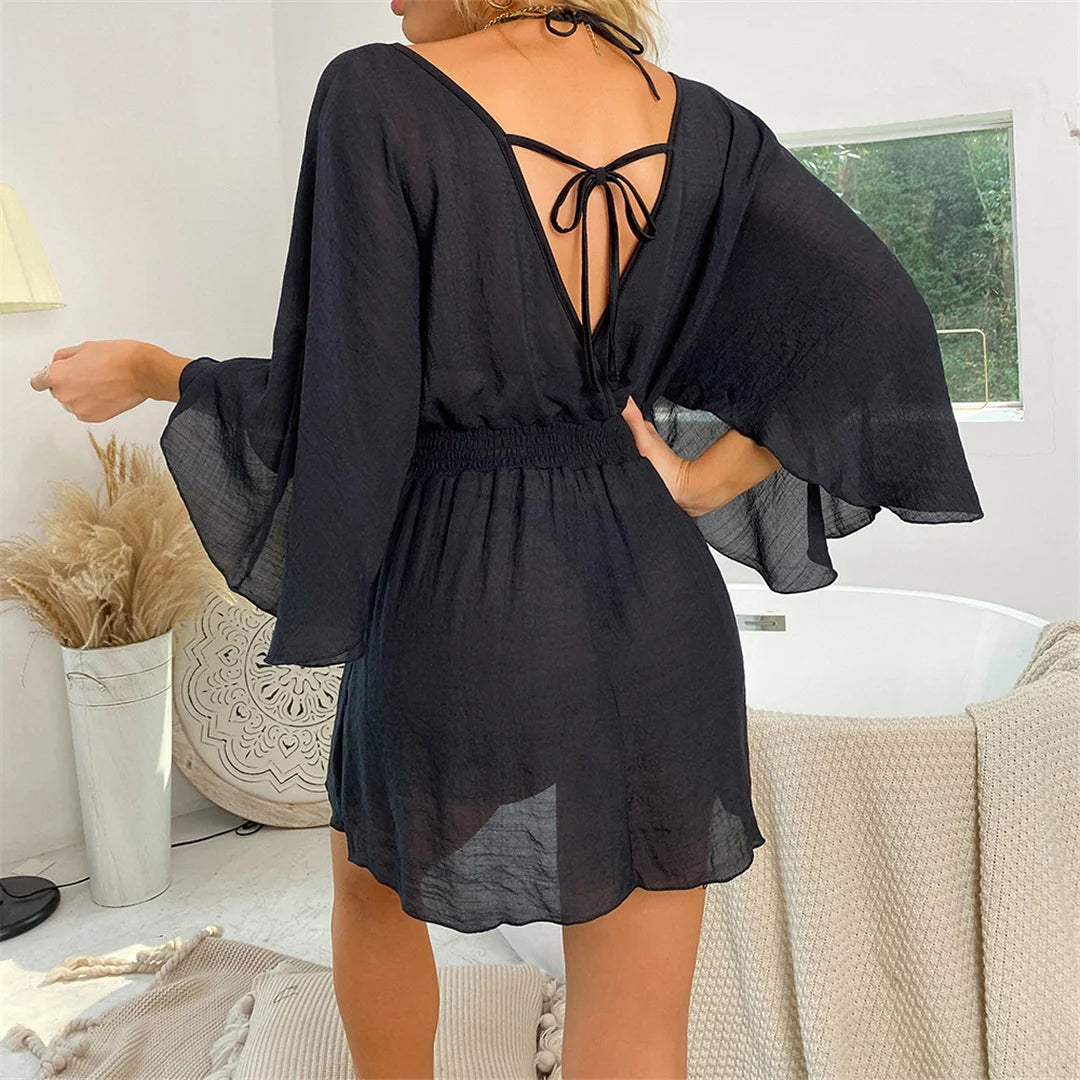 Vestido Playero Manga Larga con Cuello en V y Espalda Descubierta