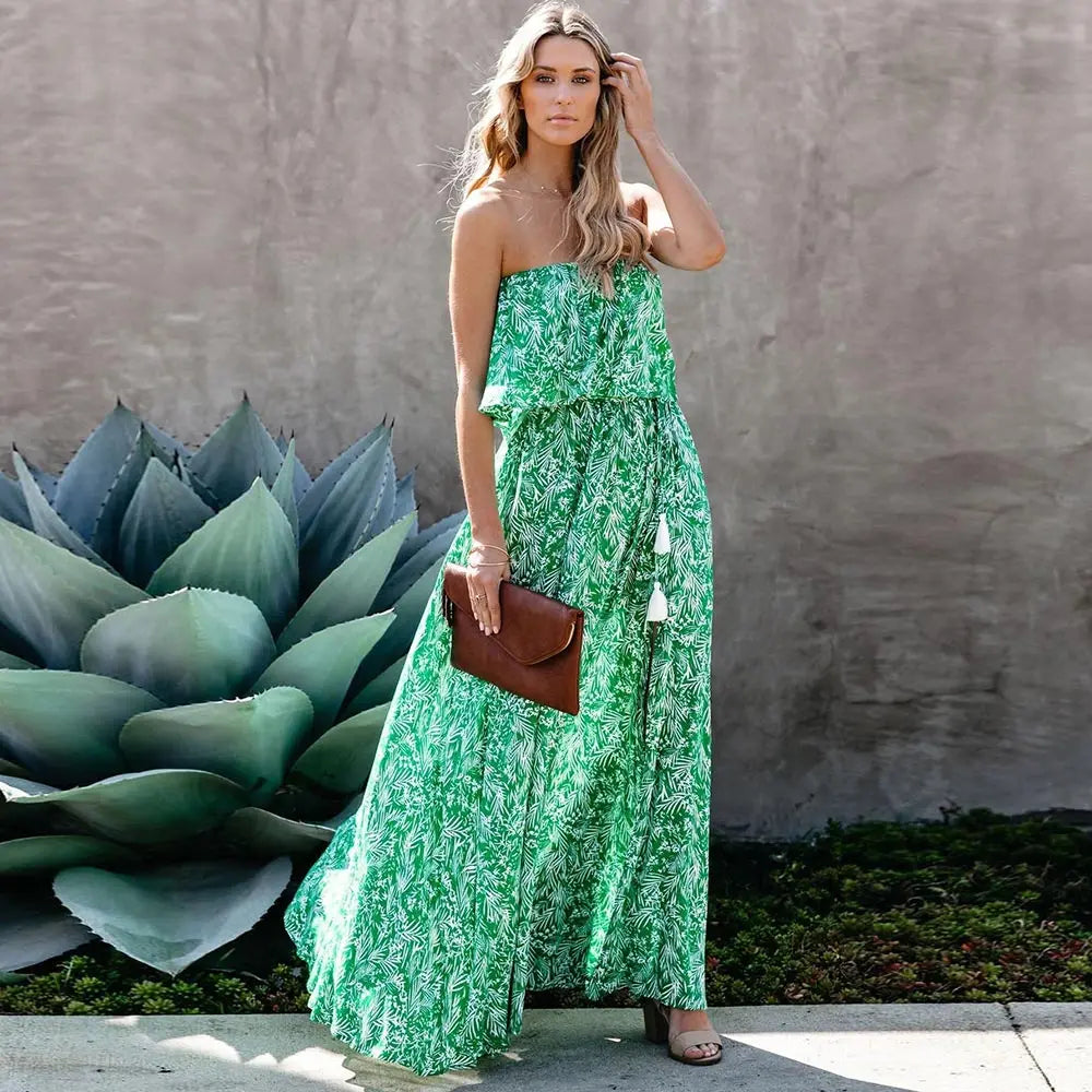 Vestido Midi con Estampado de Hojas Espalda Descubierta y Abertura