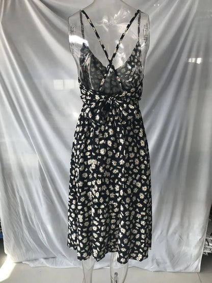 Vestido Midi  Cuello en V  Estampado Floral y Tirantes