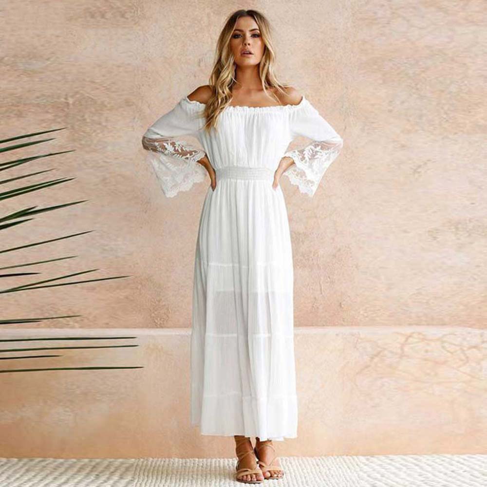 Vestido  Blanco Holgado  Manga Larga Hombros Descubierto