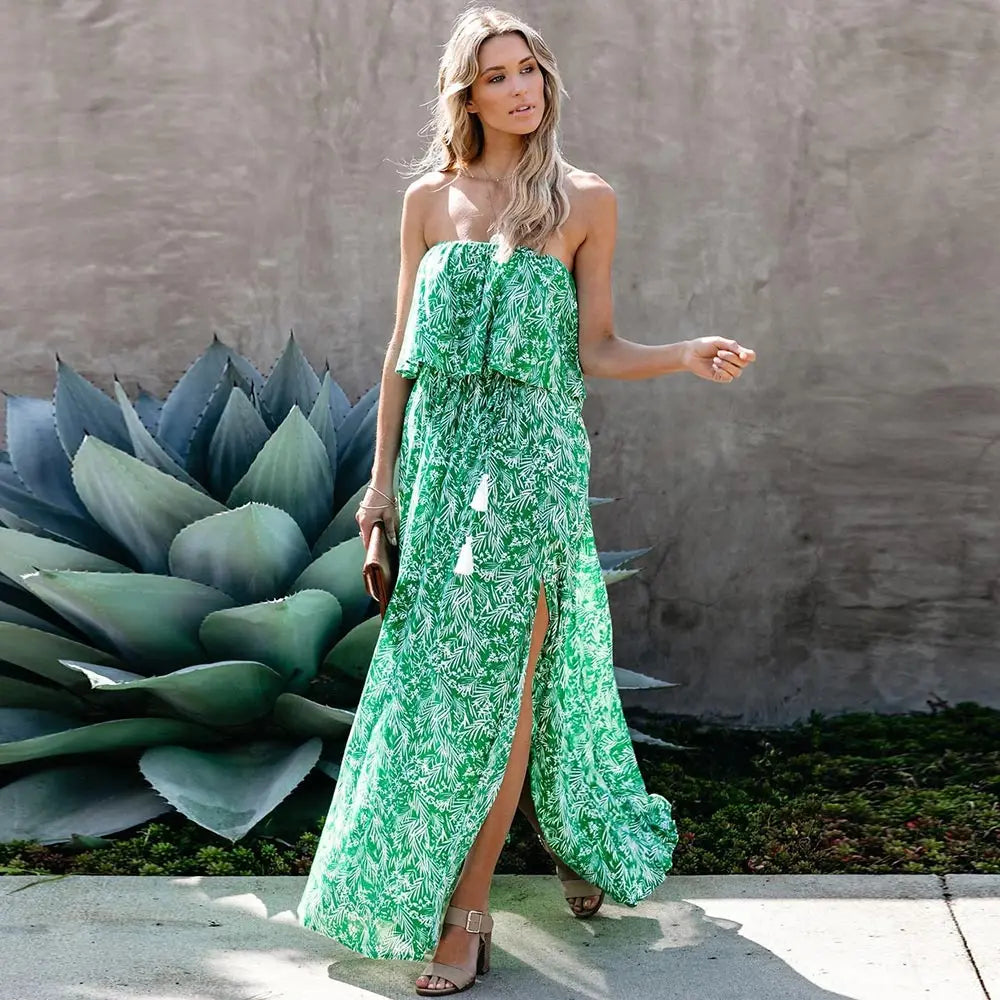 Vestido Midi con Estampado de Hojas Espalda Descubierta y Abertura