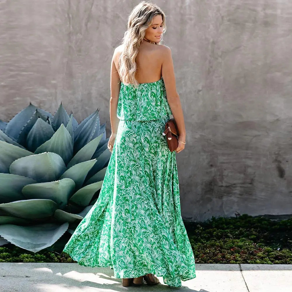 Vestido Midi con Estampado de Hojas Espalda Descubierta y Abertura