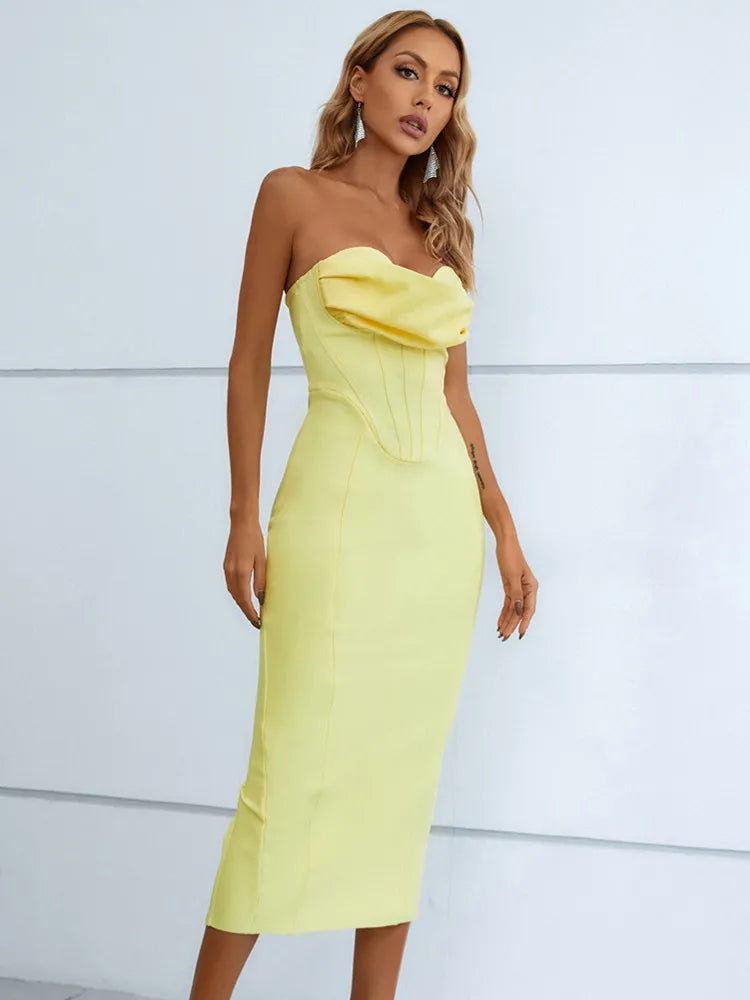 Vestido Midi Amarillo con  Espalda Descubierta  de Vendaje