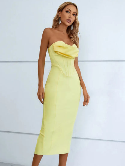 Vestido Midi Amarillo con  Espalda Descubierta  de Vendaje