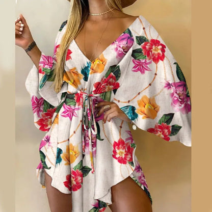 Vestido con Estampado de Flores Cuello en V y Manga de Murciélago