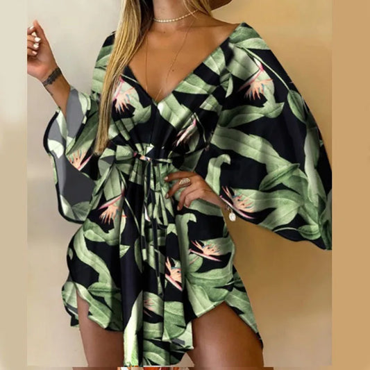 Vestido con Estampado de Flores Cuello en V y Manga de Murciélago