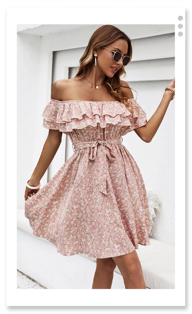 Vestido con Estampado Floral Volantes y Hombros Descubiertos