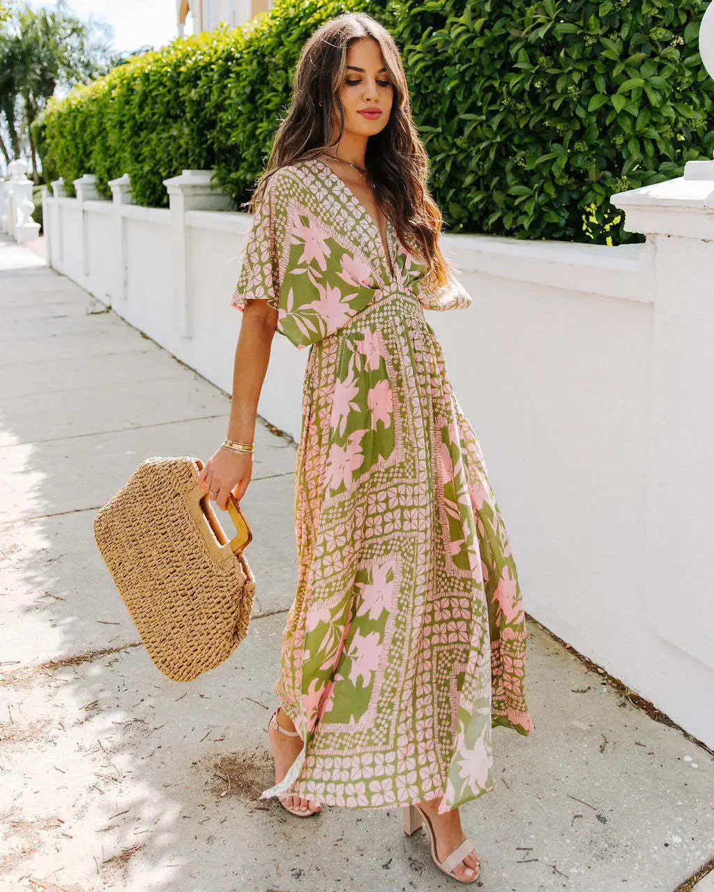 Vestido Largo con Cuello en V  estampado Floral y Manga de Murciélago