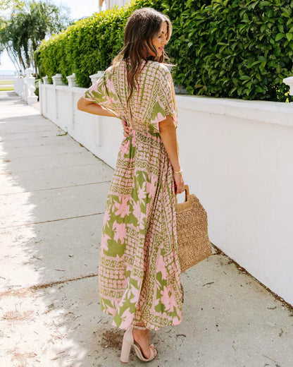 Vestido Largo con Cuello en V  estampado Floral y Manga de Murciélago