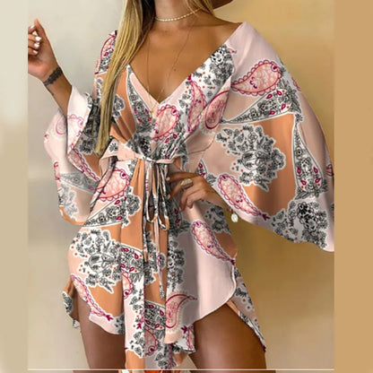 Vestido con Estampado de Flores Cuello en V y Manga de Murciélago