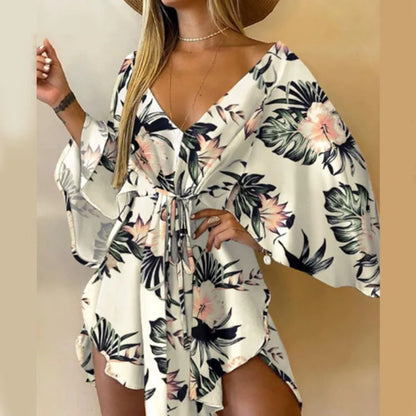 Vestido con Estampado de Flores Cuello en V y Manga de Murciélago