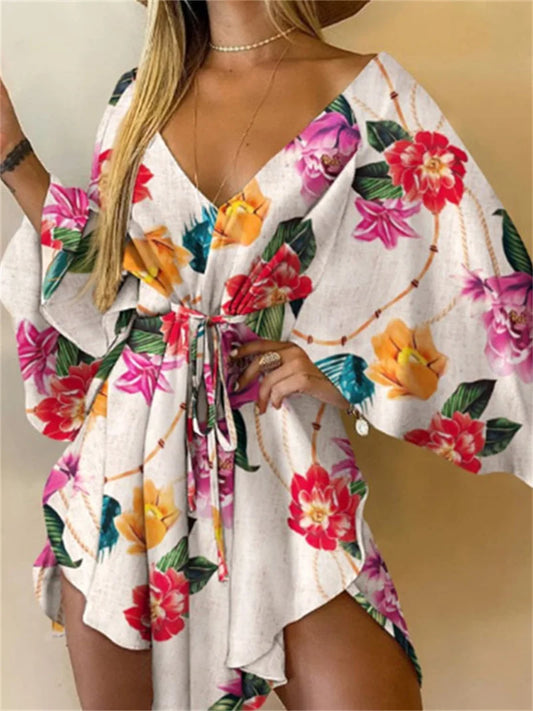 Vestido con Estampado de Flores Cuello en V y Manga de Murciélago