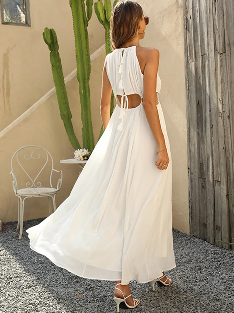 Vestido Elegante Blanco Espalda descubierta   Halter dividido