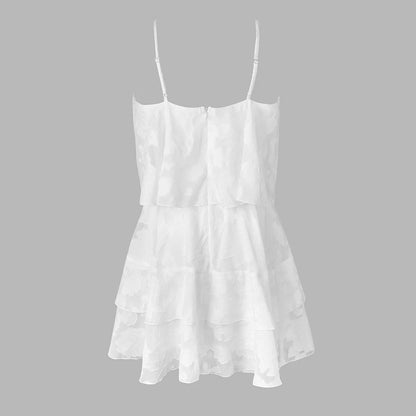 Minivestido Blanco con Volantes de Jacquard con Tirantes