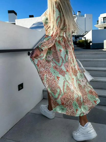 Vestido Largo Manga Larga con Estampado Floral Cuello en V Profundo y Abertura