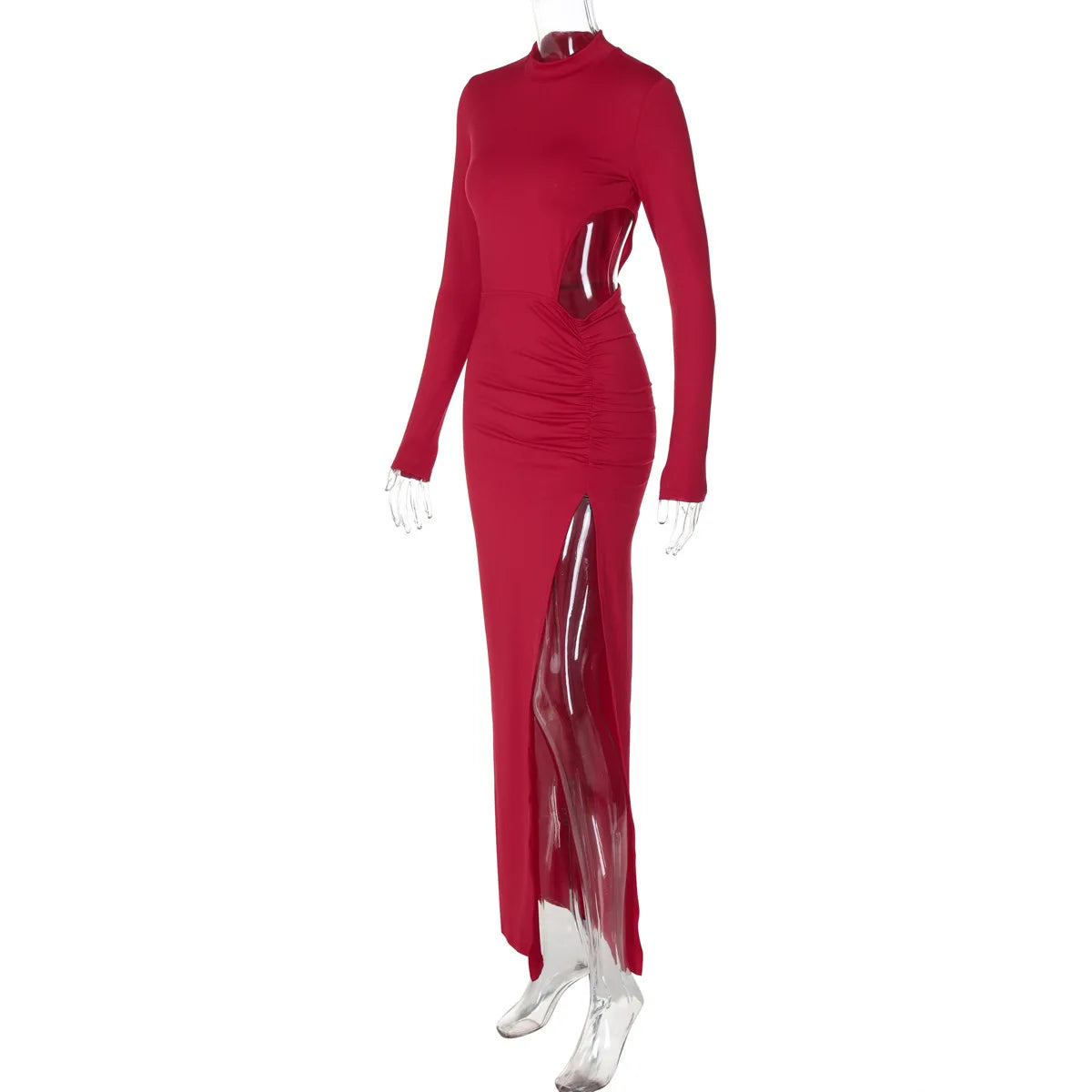Vestido Largo  Liso con cintura alta  Pliegues y Abertura