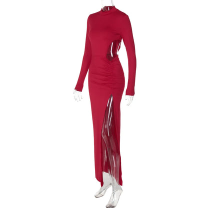 Vestido Largo  Liso con cintura alta  Pliegues y Abertura