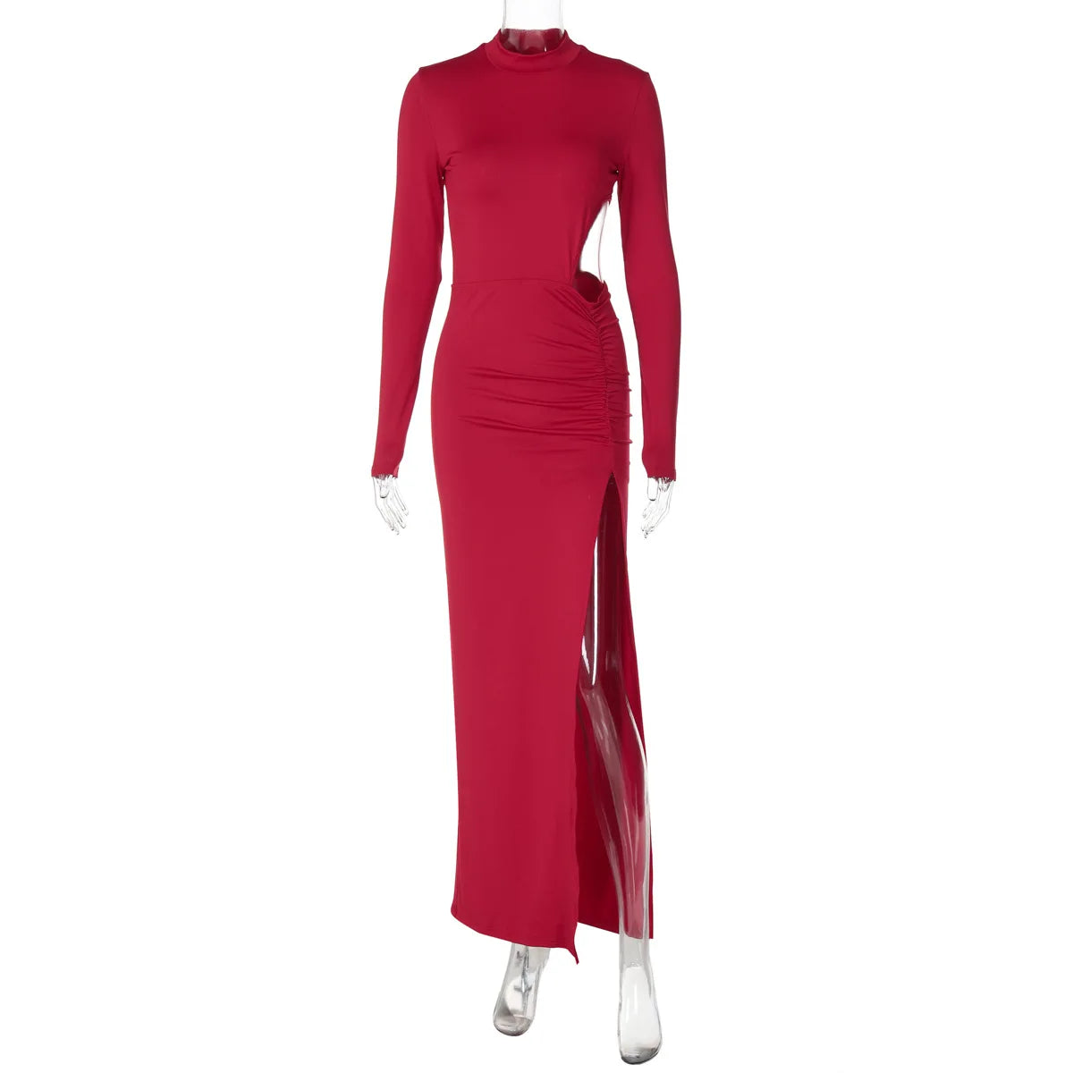 Vestido Largo  Liso con cintura alta  Pliegues y Abertura