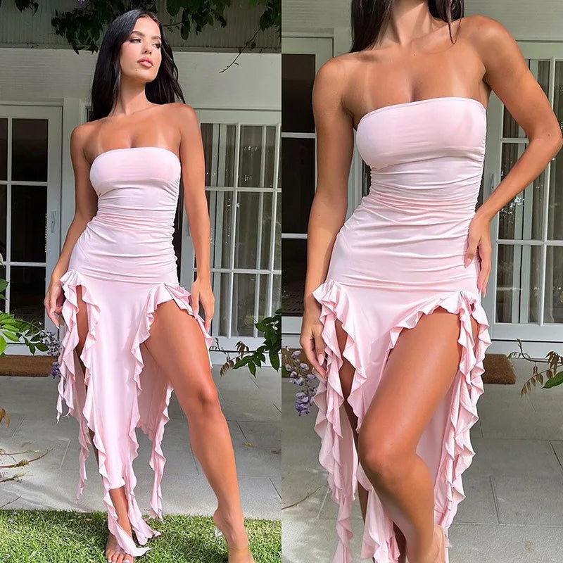 Vestido Midi sin Tirantes con Hombros Descubiertos Dividido con Volantes