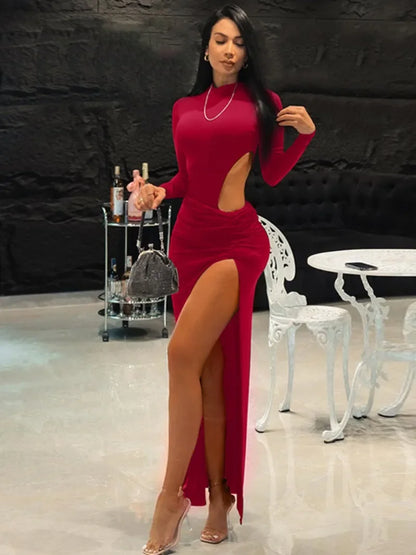 Vestido Largo  Liso con cintura alta  Pliegues y Abertura