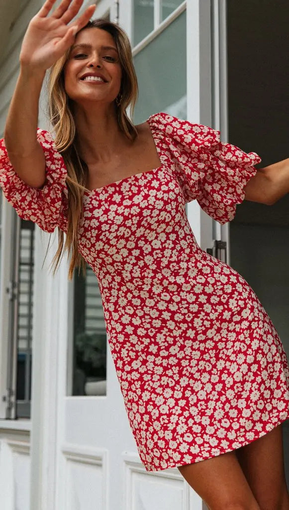 Vestido de Manga Bufante  con cuello Cuadrado  y estampado Floral