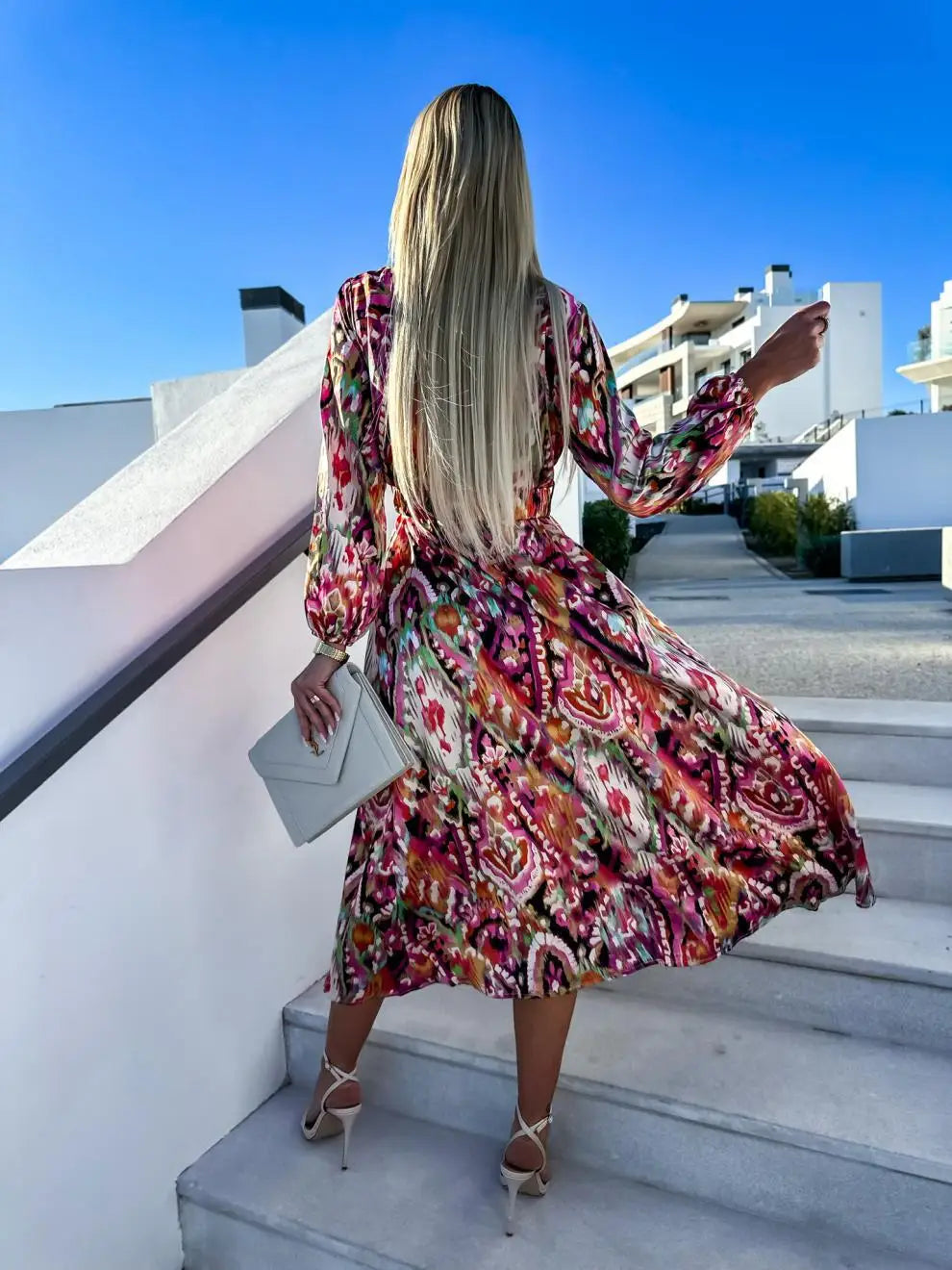 Vestido Largo Manga Larga con Estampado Floral Cuello en V Profundo y Abertura