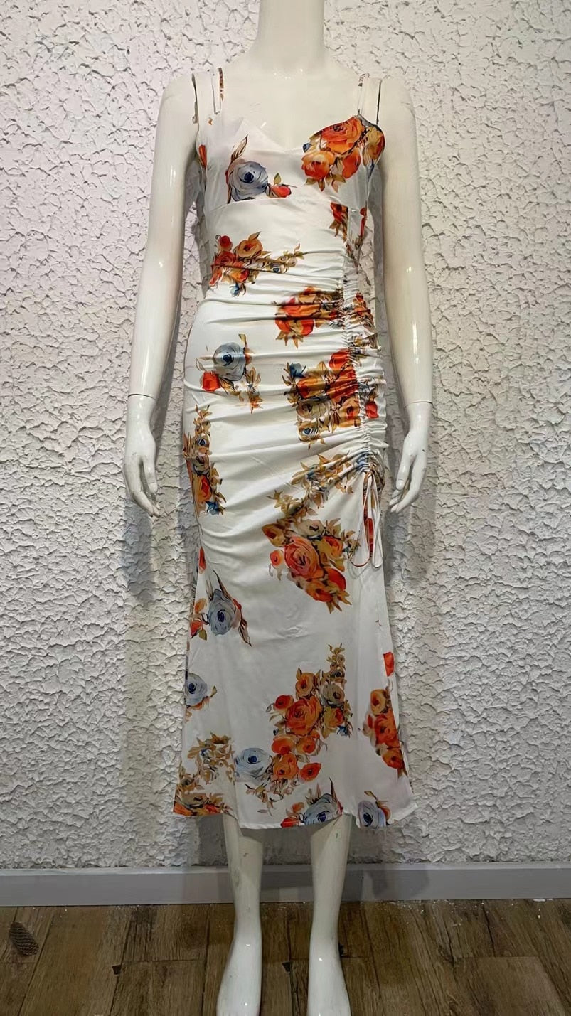 Vestido Espalda Descubierta con Tirantes Estampado y Cintura Alta